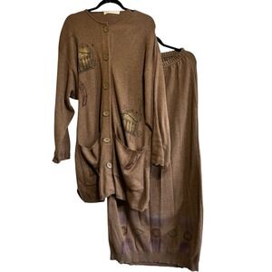Vintage Blue Fish Art to Wear 2 Pc Set Brown Hand Painted Cardigan Skirt Lagen M